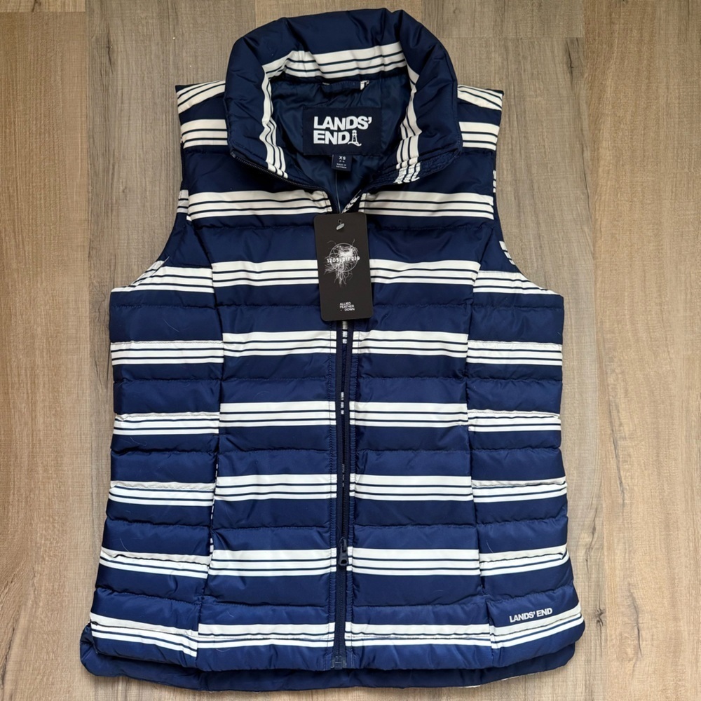 Lands' End Allied Feather Down Pockets XS Navy Striped Warm Women’s Vest
